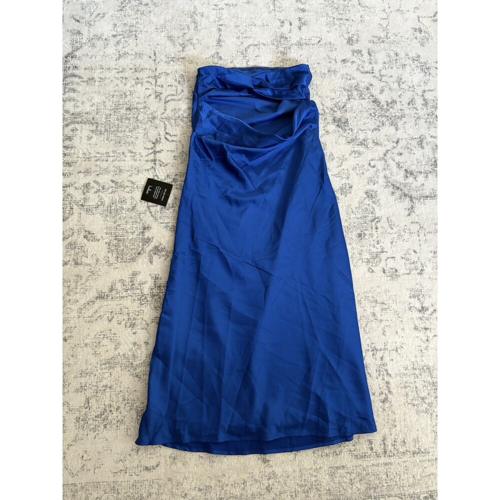 Lulus Effortless Bliss Royal Blue Satin Strapless Cowl Back Midi Dress Small NWT - Picture 3 of 8